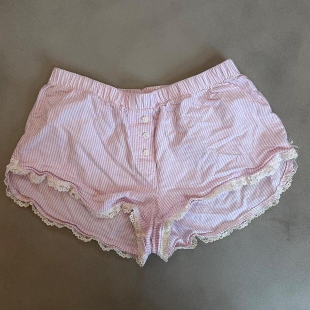 Altard State Pink White Striped Lace Trim Pajama Shorts Womens XS Seersucker